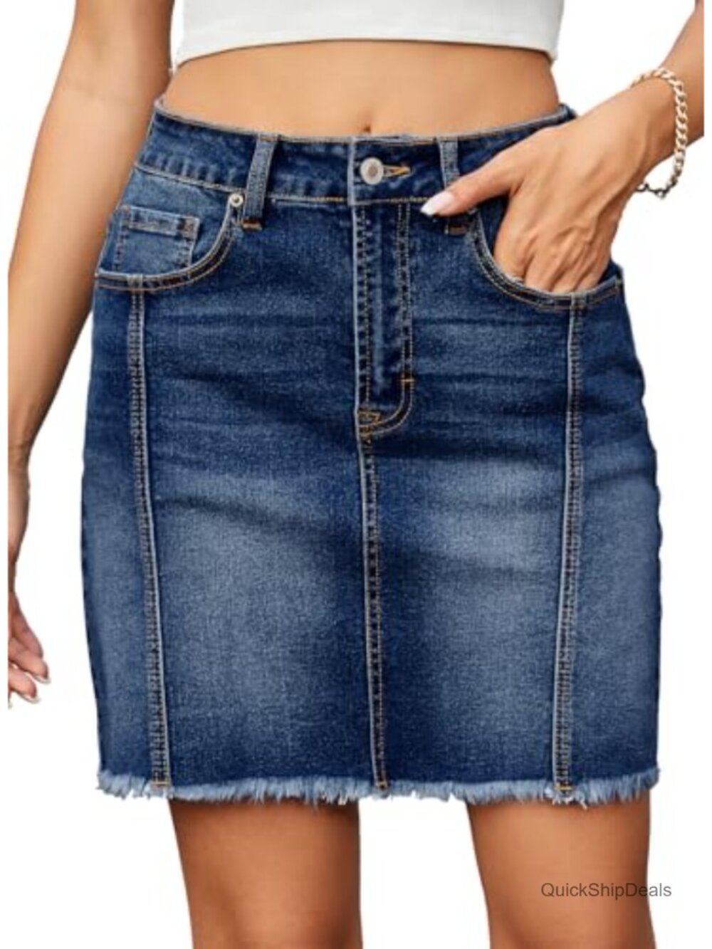 High Waist Denim Mini Skirt Stretch Button Down Raw Hem